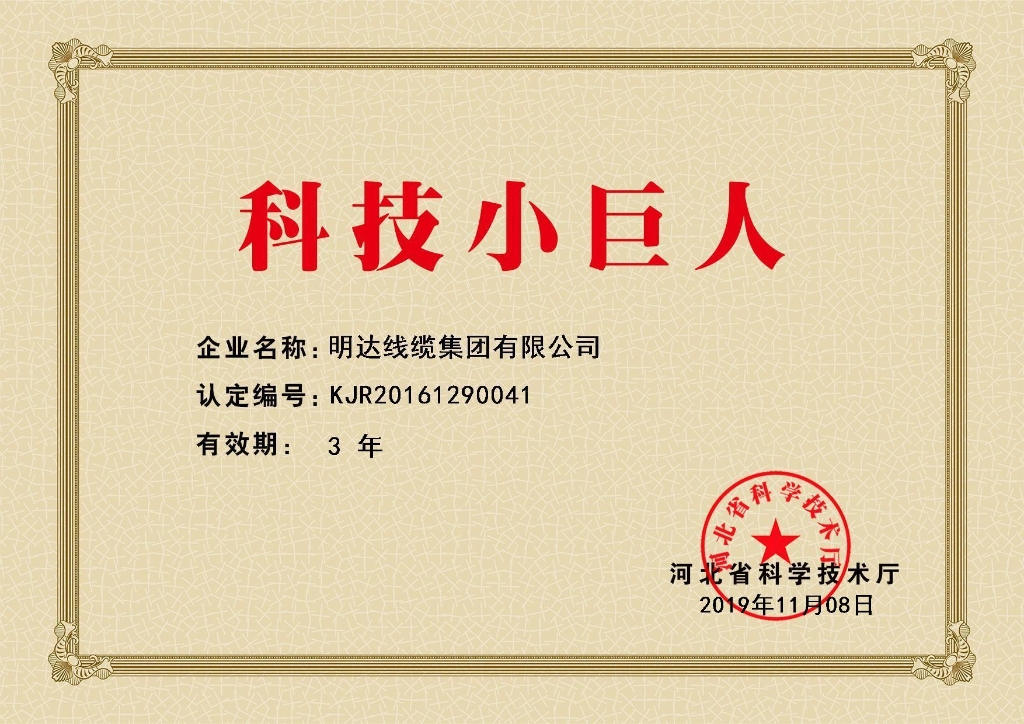 利记线缆被认定为河北省科技小巨人企业